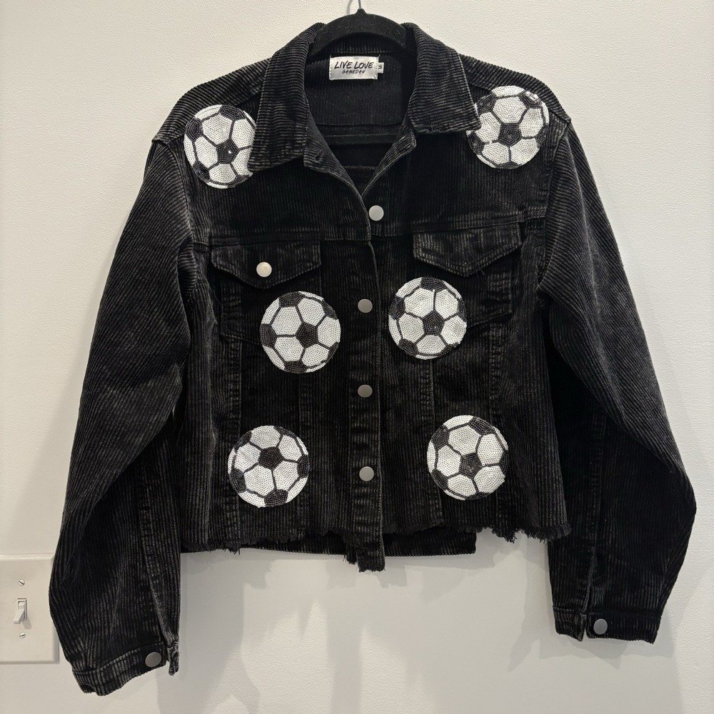 LiveLoveGameday Women's BlackCorduroySequin Cropped Sport Soccer Jacket‎ SzM